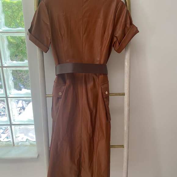 Zara Faux Leather Button Down Big Pockets Belted Brown Dress Short Sleeves Sz XS - Picture 4 of 9